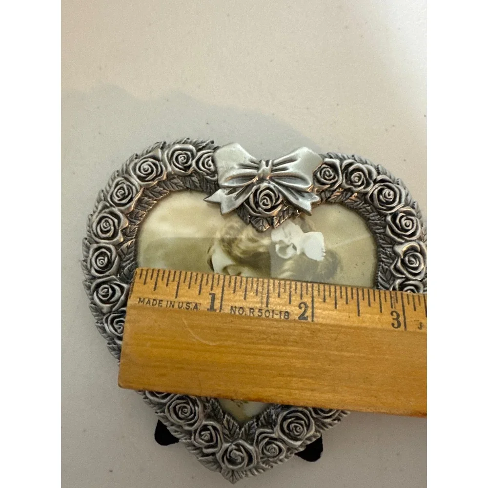 Vintage MT Pewter Tone Heart Picture Frame Rose Floral Bow Victorian Style 3.5in